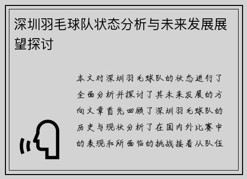 深圳羽毛球队状态分析与未来发展展望探讨